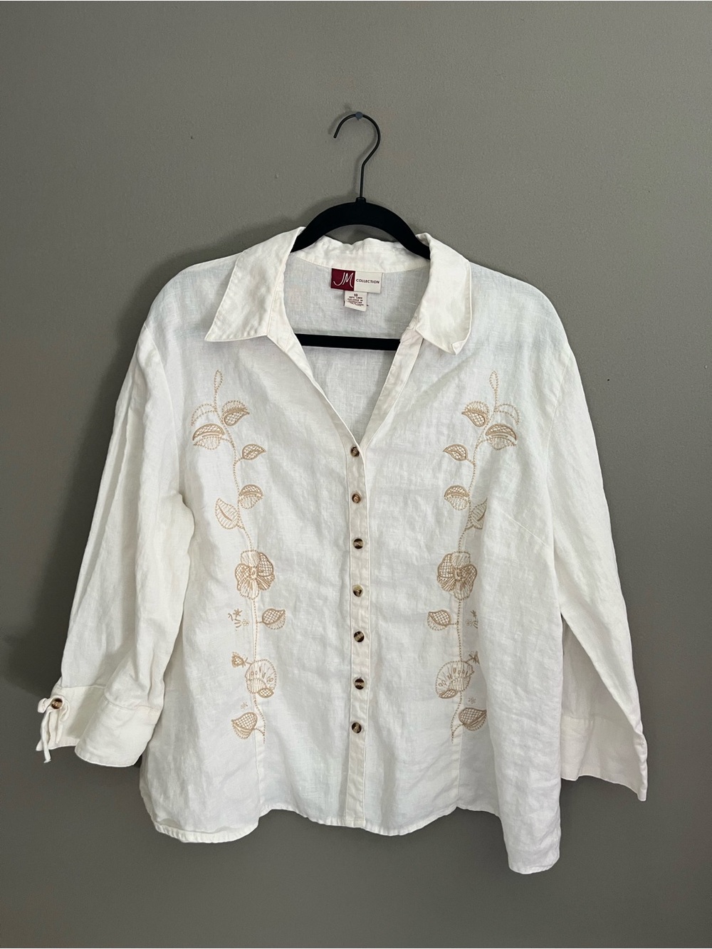 JM Collection White 100% Linen Floral Embroidery Button Down Shirt Top Granola